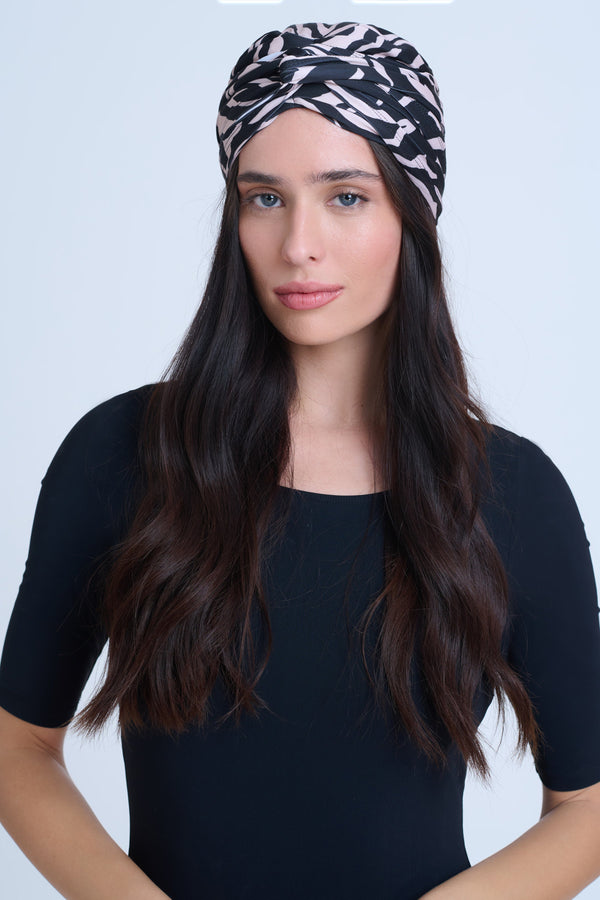 GOTTEX MODEST FLORAL PRINT HEADPIECE WITH TIE STRINGS IN ANIMAL PRINT