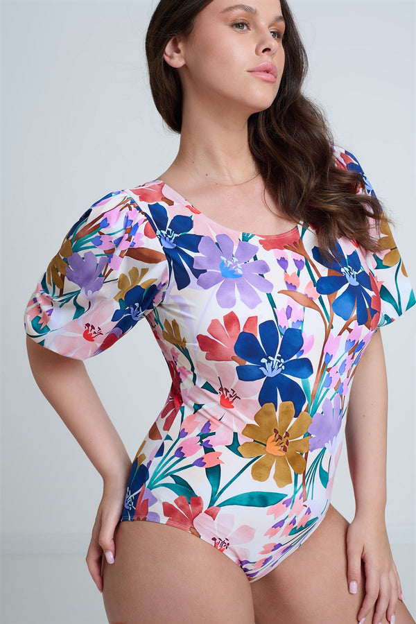 GOTTEX MODEST FLORAL PUFF SLEEVE ONE PIECE SWIMSUIT