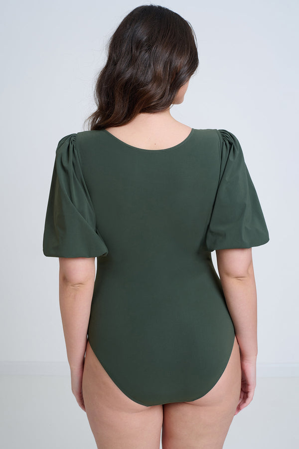 GOTTEX MODEST PUFF SLEEVE ONE PIECE SWIMSUIT IN KHAKI