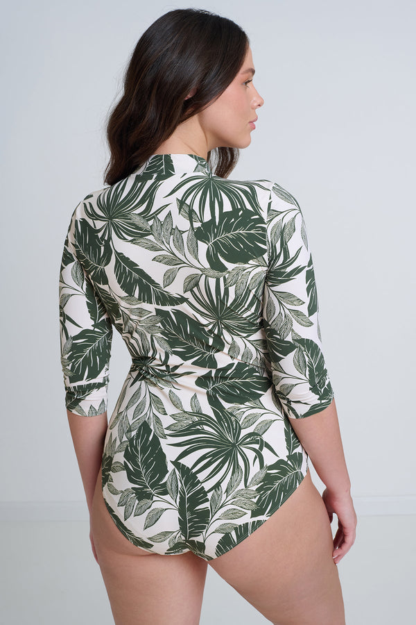 GOTTEX MODEST 3/4 SLEEVE ONE PIECE RASHGUARD SWIMSUIT IN LEAVES PRINT