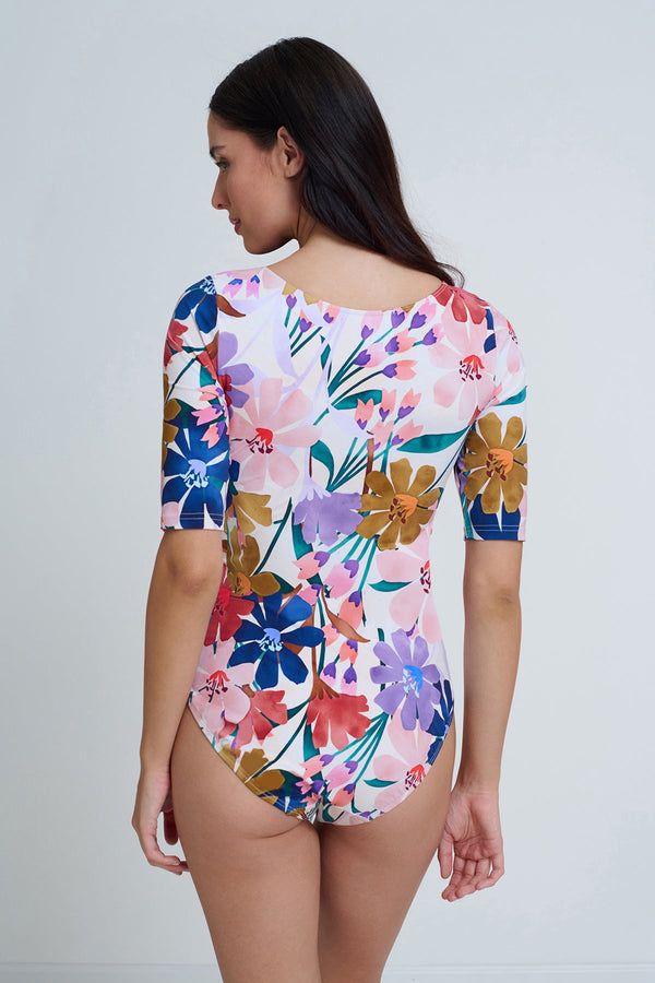 GOTTEX MODEST FLORAL QUARTER SLEEVE ONE PIECE SWIMSUIT