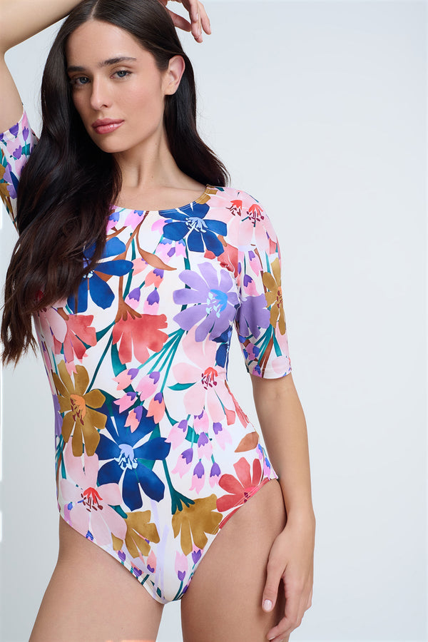 GOTTEX MODEST FLORAL QUARTER SLEEVE ONE PIECE SWIMSUIT