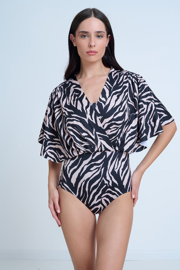 GOTTEX MODEST SURPLICE BLOUSON ONE PIECE SWIMSUIT IN ANIMAL PRINT