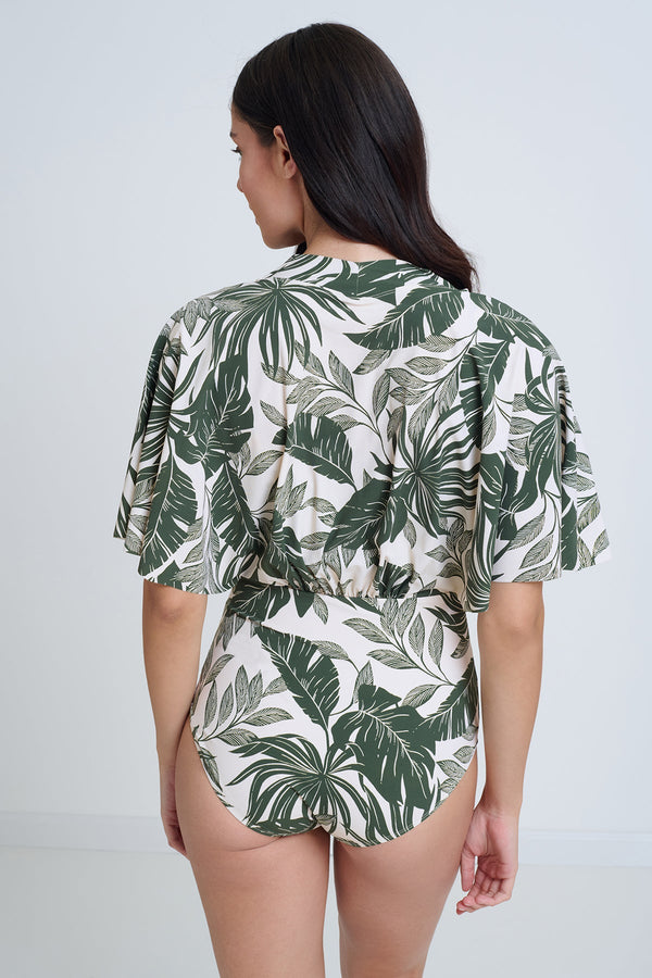 GOTTEX MODEST SURPLICE BLOUSON ONE PIECE SWIMSUIT WITH LEAVES PRINT