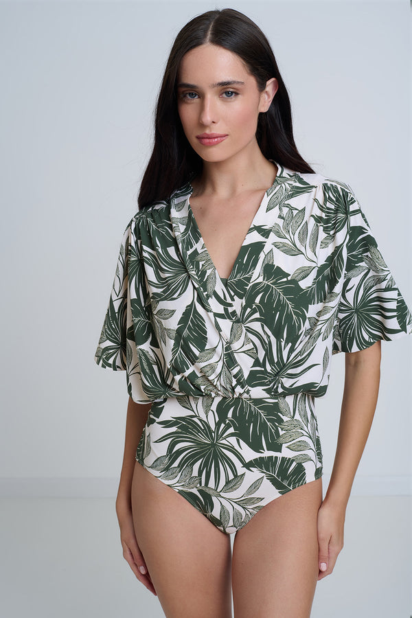 GOTTEX MODEST SURPLICE BLOUSON ONE PIECE SWIMSUIT WITH LEAVES PRINT