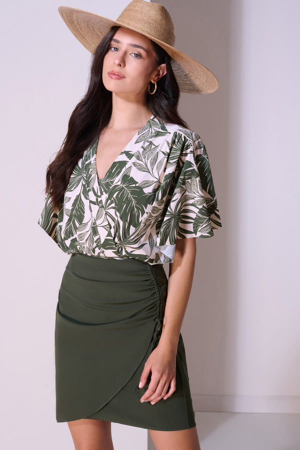 GOTTEX MODEST SURPLICE BLOUSON ONE PIECE SWIMSUIT WITH LEAVES PRINT