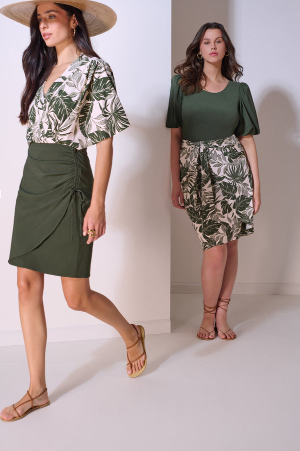 GOTTEX MODEST SURPLICE BLOUSON ONE PIECE SWIMSUIT WITH LEAVES PRINT