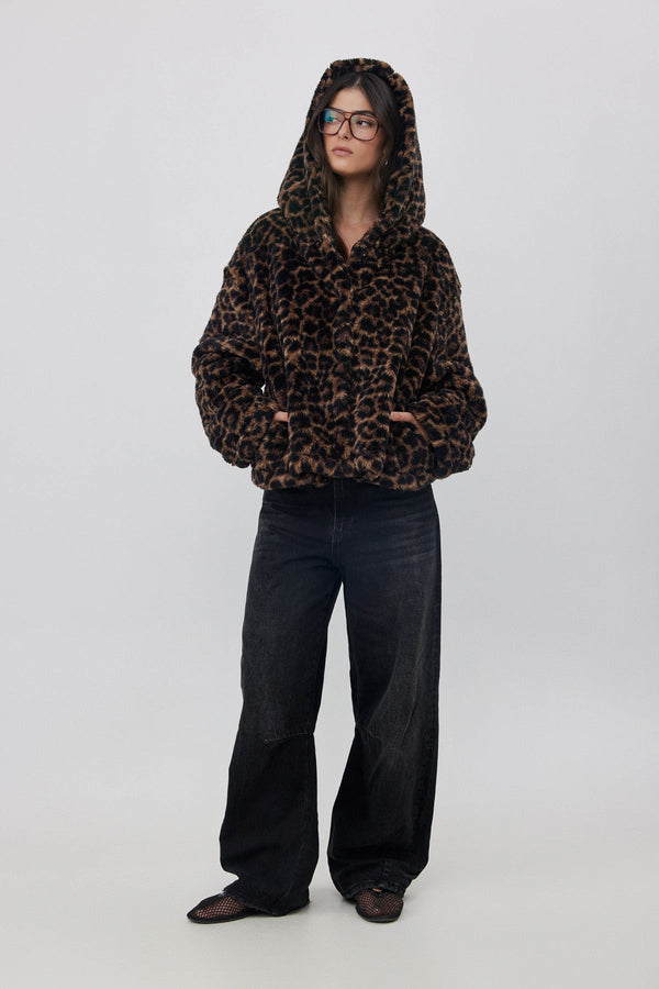SHORT FLEECE JACKET WITH HOODIE IN ANIMAL PRINT
