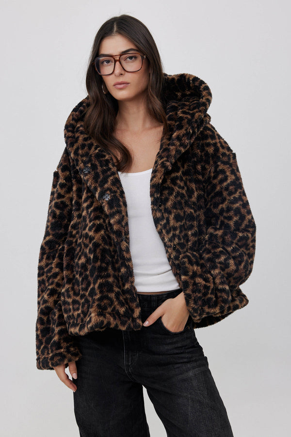 SHORT FLEECE JACKET WITH HOODIE IN ANIMAL PRINT