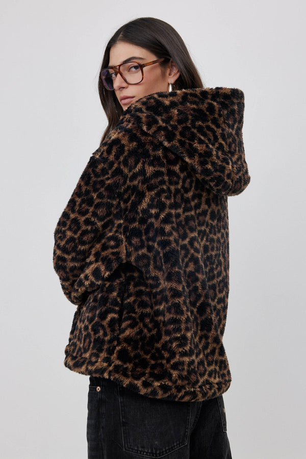 SHORT FLEECE JACKET WITH HOODIE IN ANIMAL PRINT