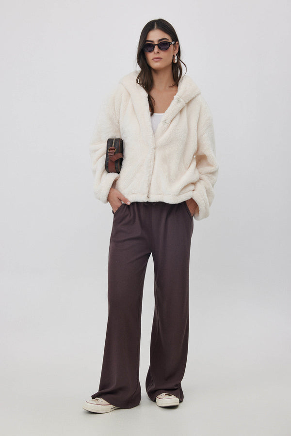 SHORT FLEECE JACKET WITH HOODIE IN CREAM