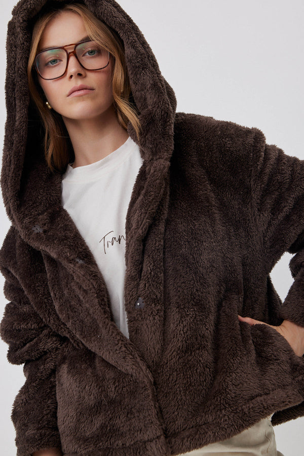 SHORT FLEECE JACKET WITH HOODIE IN BROWN