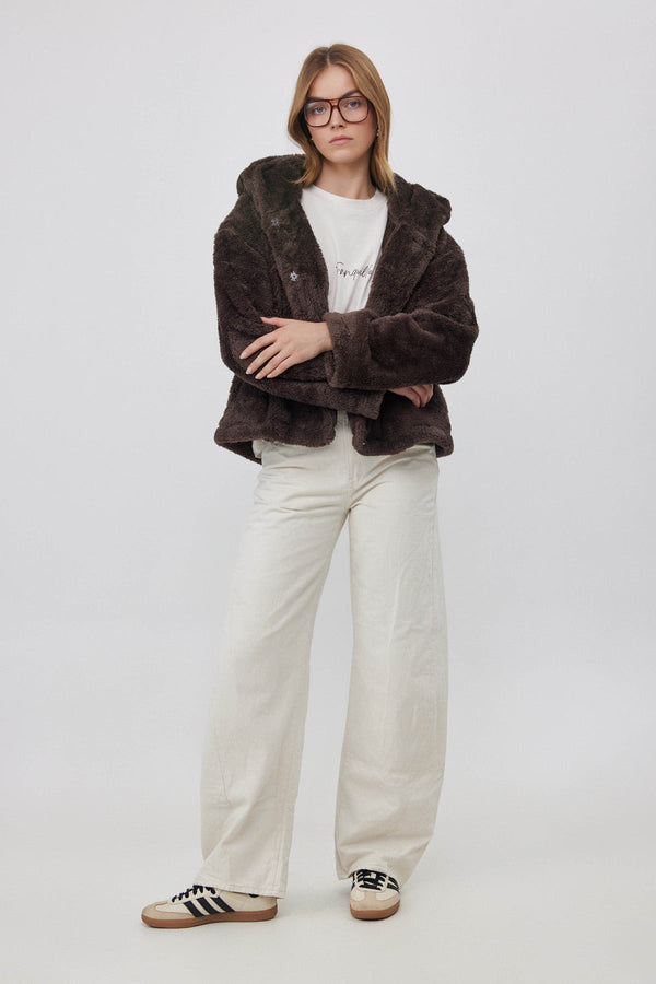 SHORT FLEECE JACKET WITH HOODIE IN BROWN