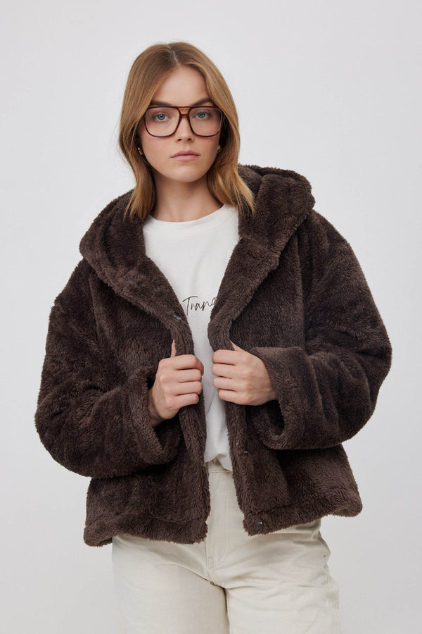 SHORT FLEECE JACKET WITH HOODIE IN BROWN