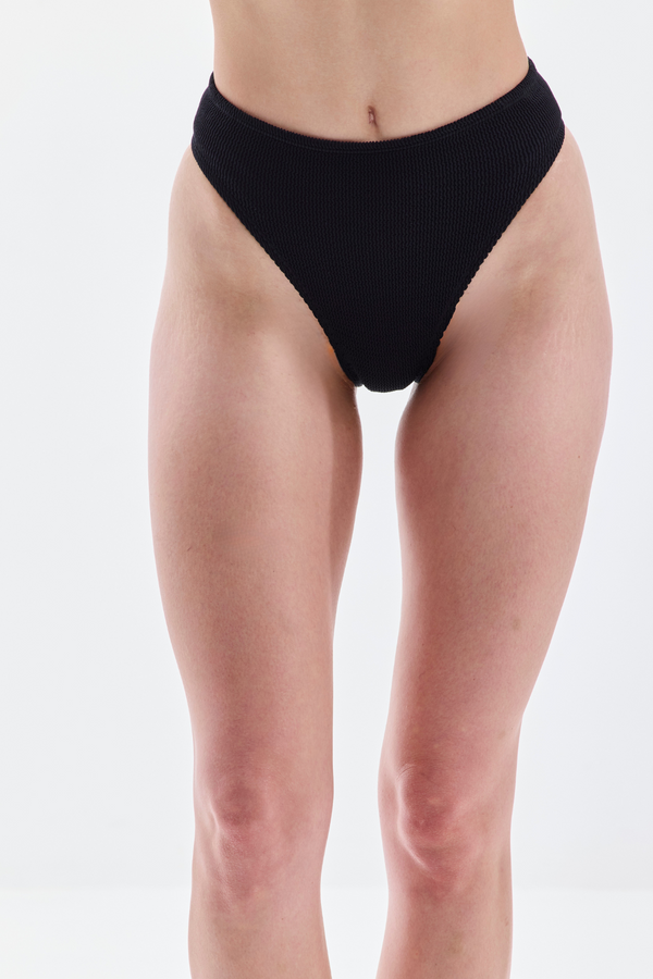 High-Waisted Textured Bikini Bottom - Black