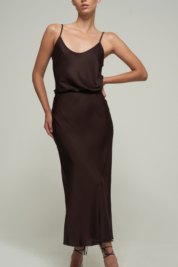 SATIN MIDI SKIRT IN BROWN