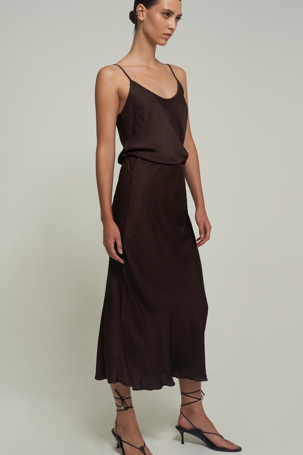 SATIN MIDI SKIRT IN BROWN