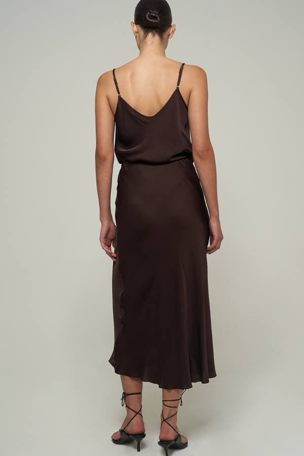 SATIN MIDI SKIRT IN BROWN