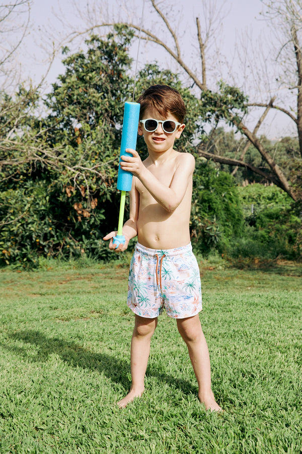 KIDS SWIM SHORTS IN TROPICAL WHITE