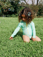 GIRLS DOTTED, LONG SLEEVE SWIMSUIT IN GREEN
