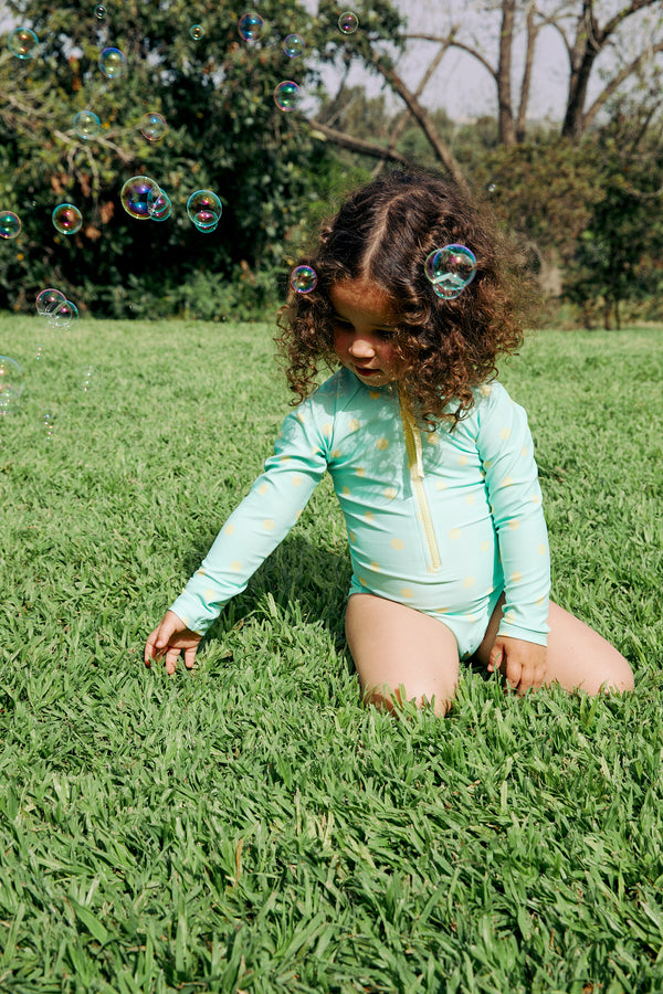 GIRLS DOTTED, LONG SLEEVE SWIMSUIT IN GREEN