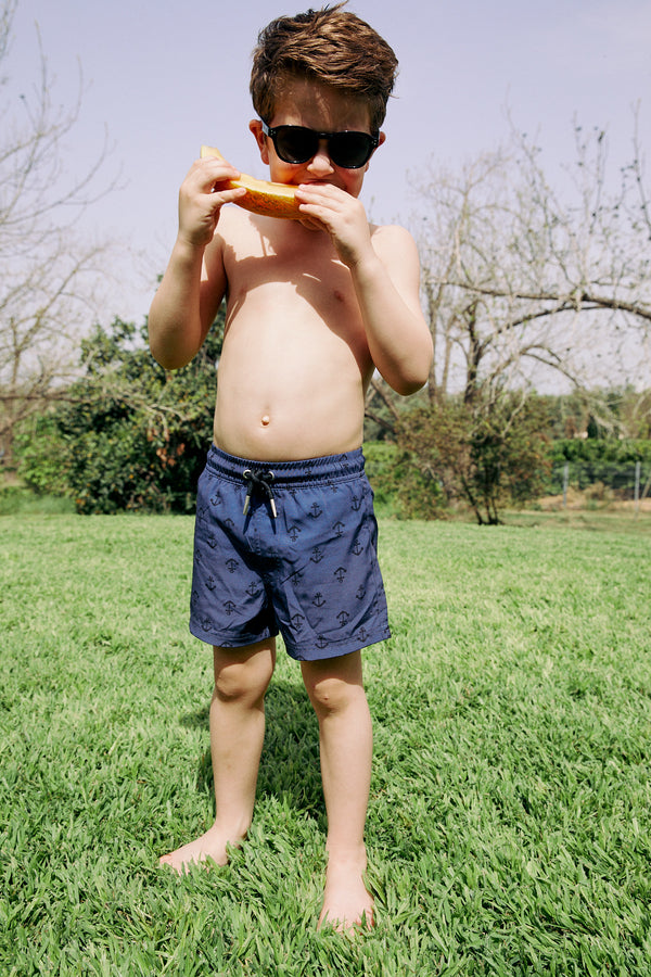 KIDS SWIM SHORTS IN NAVY WITH ANCHORS PRINT