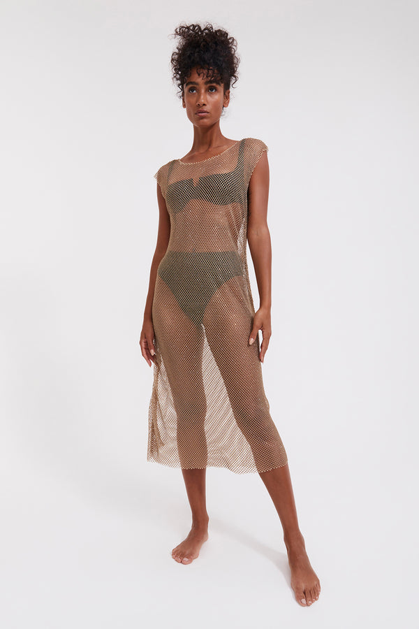FLIRTT BEIGE MESH BEACH DRESS
