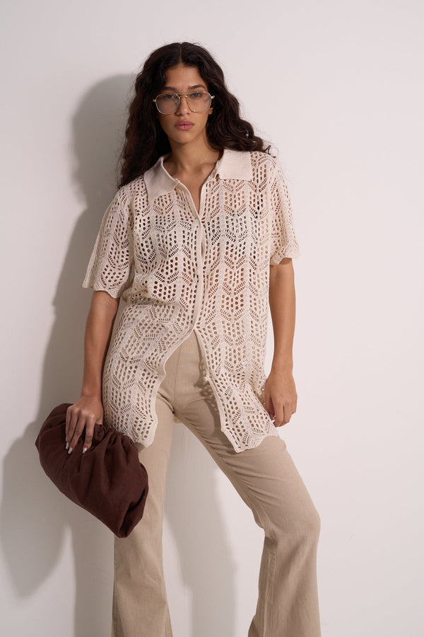 CROCHET SHORT SLEEVE SHIRT - BEIGE