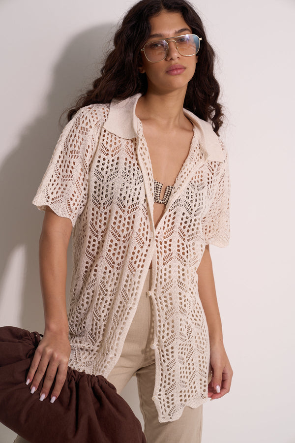 CROCHET SHORT SLEEVE SHIRT - BEIGE