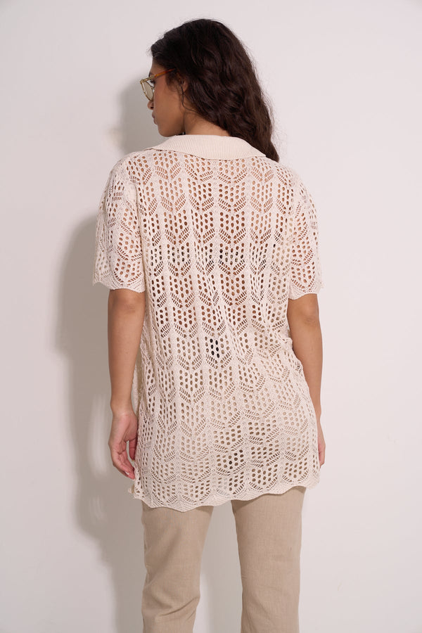 CROCHET SHORT SLEEVE SHIRT - BEIGE