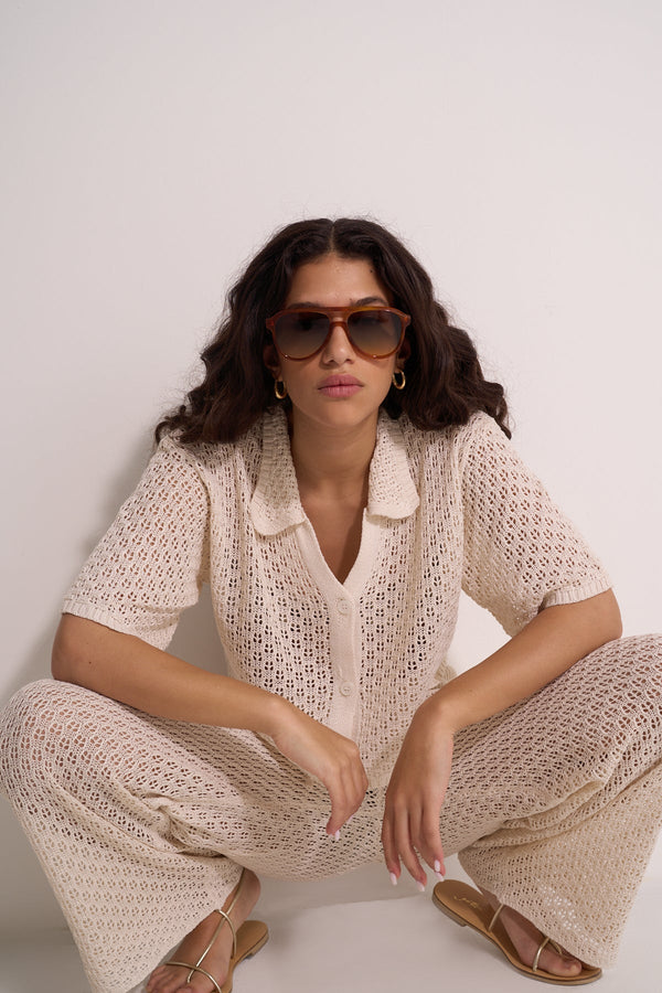 CROCHET SHORT SLEEVE SHIRT - BEIGE