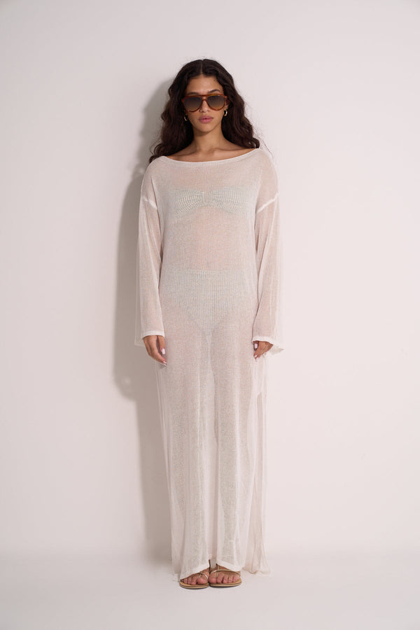 WHITE CROCHET LONG SLEEVE BEACH DRESS