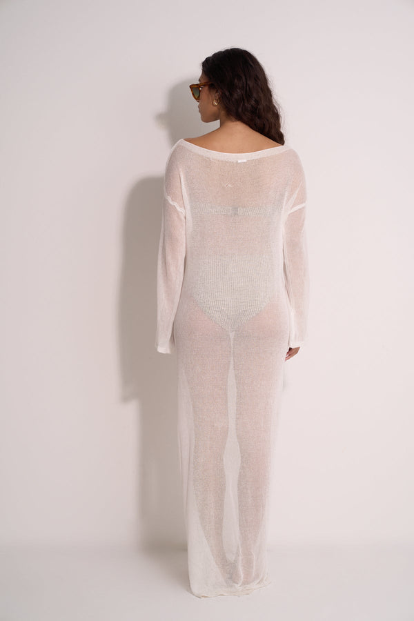 WHITE CROCHET LONG SLEEVE BEACH DRESS