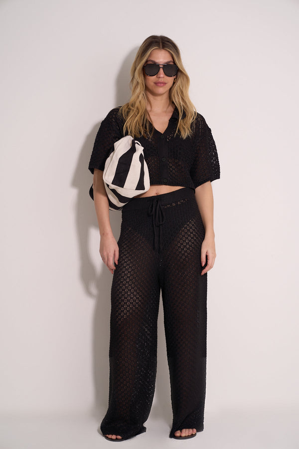 CROCHET KNIT PANTS - BLACK