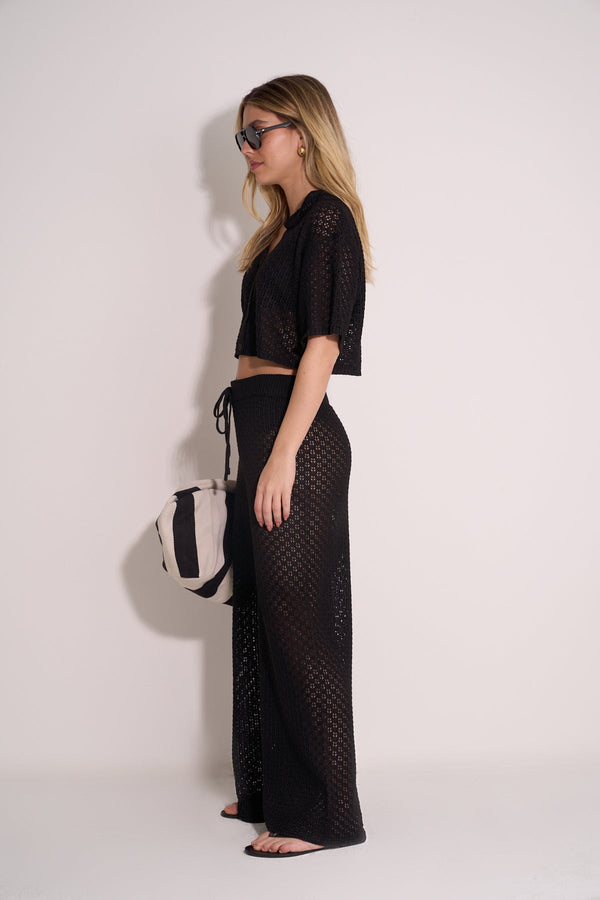 CROCHET KNIT PANTS - BLACK