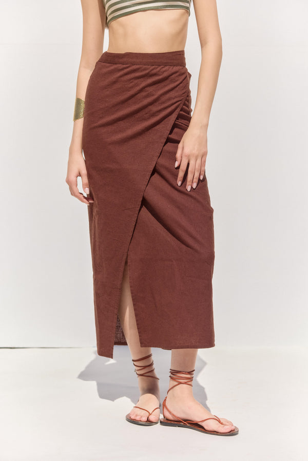 SORRENTO MIDI WRAP SKIRT IN BROWN