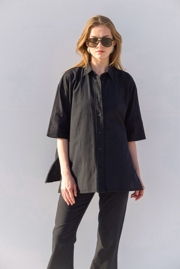 SORRENTO BUTTONED LINEN SHIRT IN BLACK