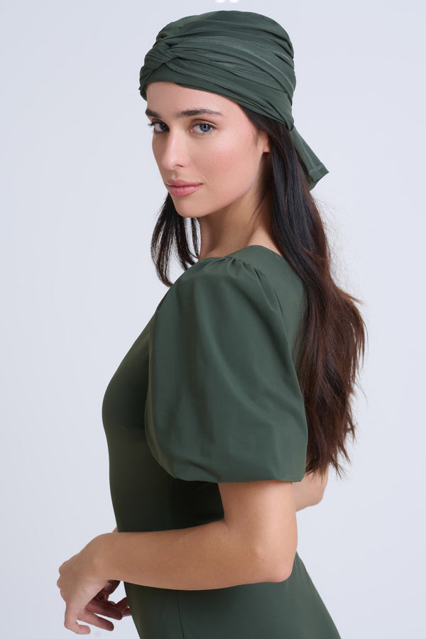 GOTTEX MODEST FLORAL PRINT HEADPIECE WITH TIE STRINGS IN KHAKI