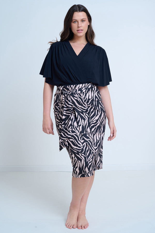 GOTTEX MODEST TIE FRONT WRAP SKIRT IN ANIMAL PRINT