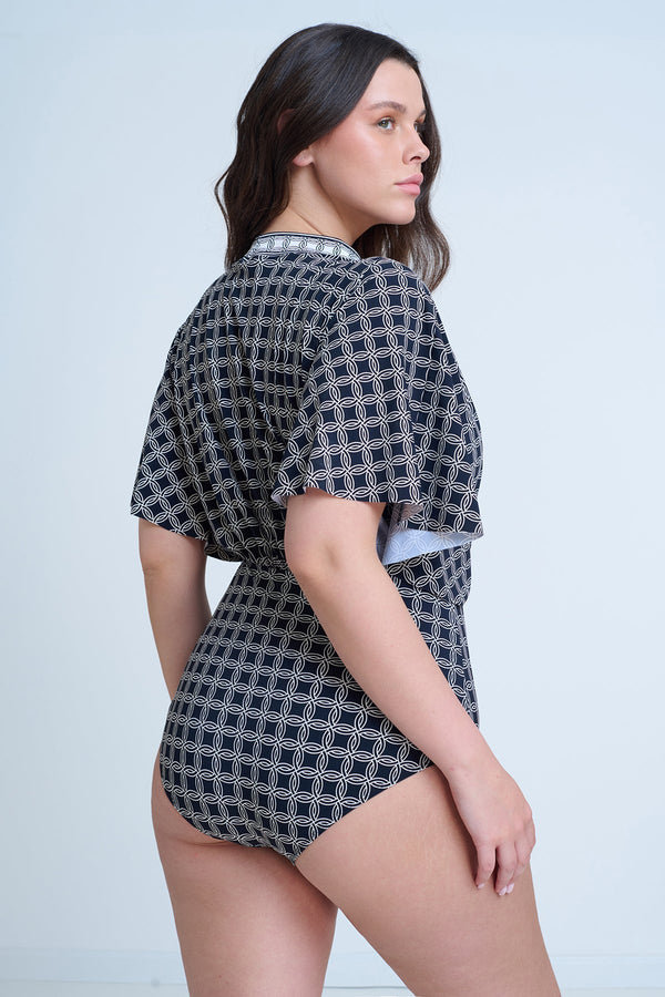 GOTTEX MODEST SURPLICE BLOUSON ONE PIECE SWIMSUIT IN BLACK