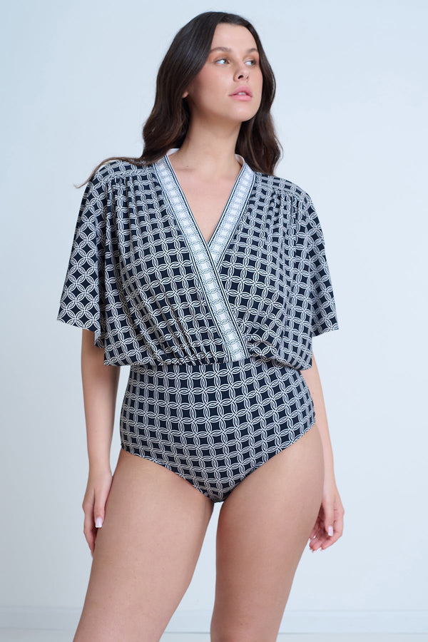 GOTTEX MODEST SURPLICE BLOUSON ONE PIECE SWIMSUIT IN BLACK