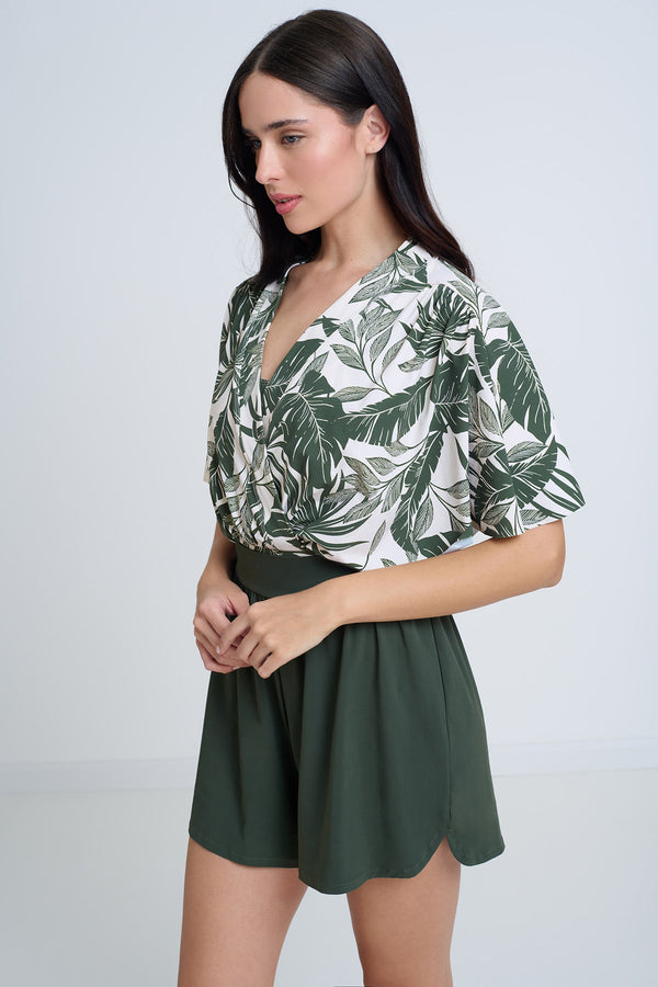 GOTTEX MODEST SURPLICE BLOUSON ONE PIECE SWIMSUIT WITH LEAVES PRINT