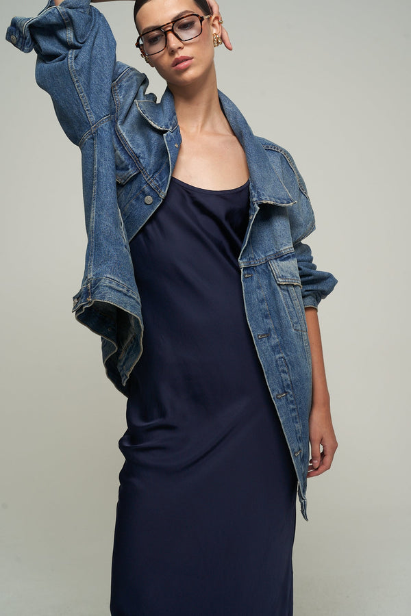 SATIN MAXI SLIP DRESS IN NAVY
