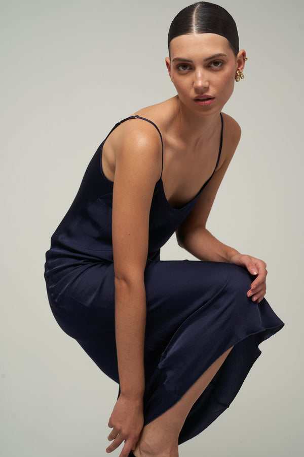SATIN MAXI SLIP DRESS IN NAVY