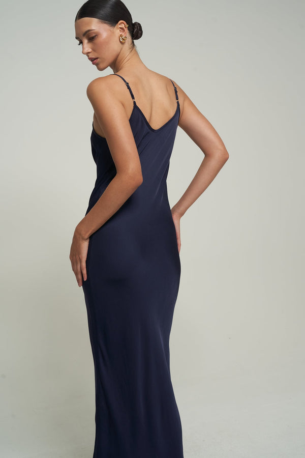 SATIN MAXI SLIP DRESS IN NAVY