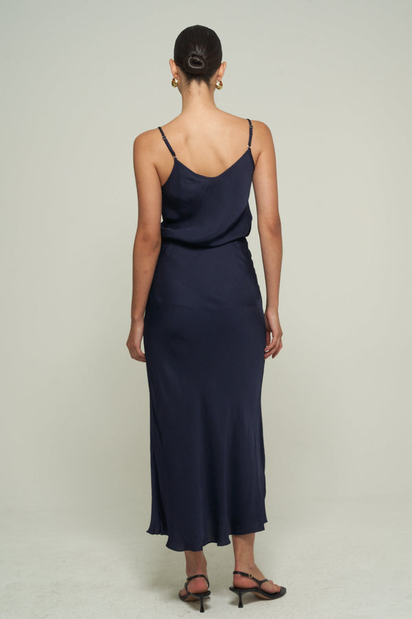 SATIN MIDI SKIRT IN NAVY