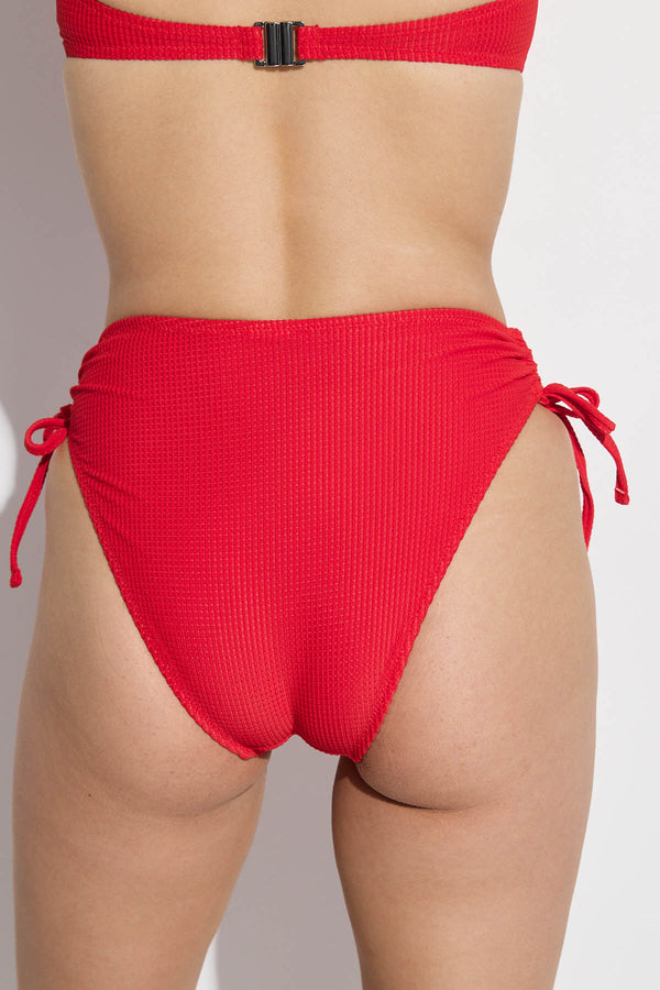 GOTTEX SIMPLY WAFFLE TEXTURED HIGH WAIST BIKINI BOTTOM WITH STRIBNG TIES IN RED