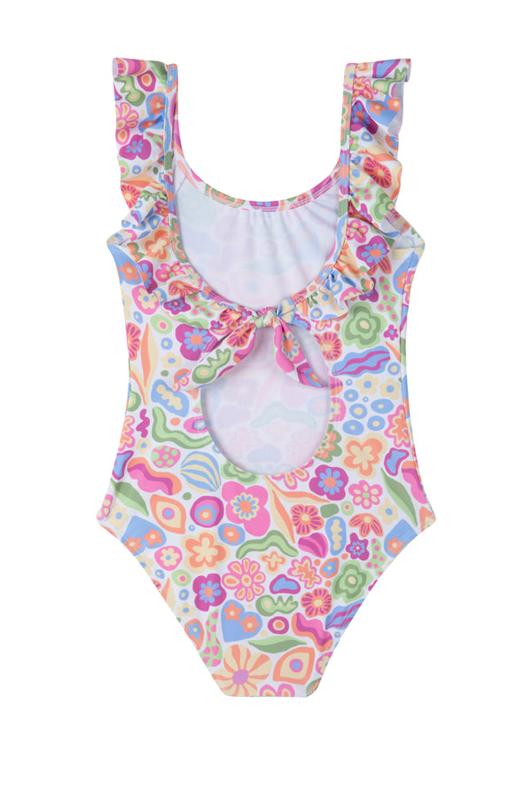 GIRLS SWIMSUIT WITH RUFFLED STRAPS AND FLOWER PRINT