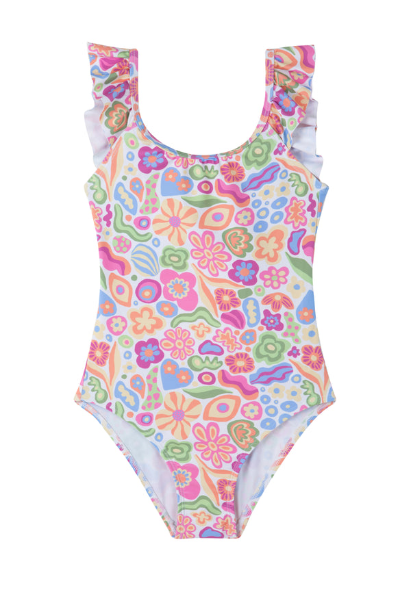 GIRLS SWIMSUIT WITH RUFFLED STRAPS AND FLOWER PRINT
