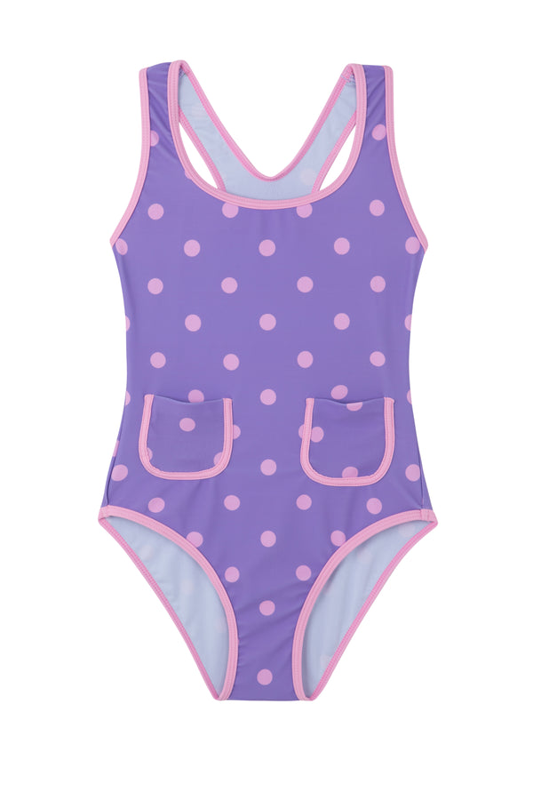 GIRLS SWIMSUIT WITH FRONT POCKETS IN PURPLE